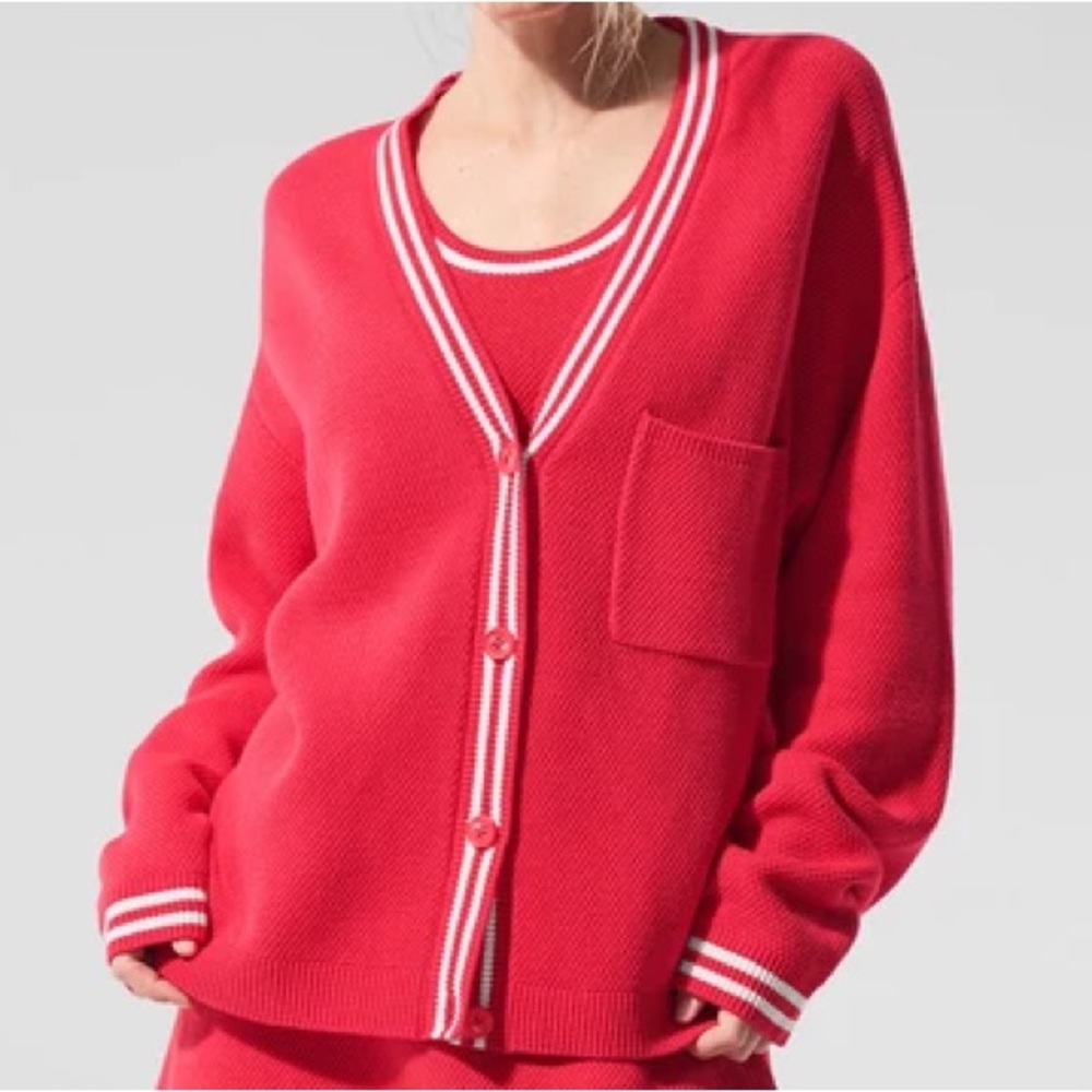 Alo Yoga Tennis Club Sweater Knit Cardigan Candy Red/White M